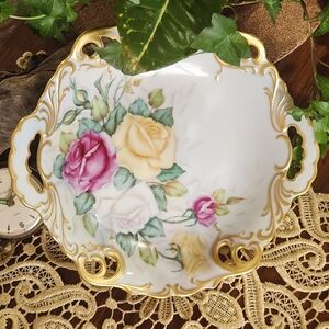 Mid 20th Century Arnart Gold Handled Platter Gold Roses Flowers Vintage Gorgeous